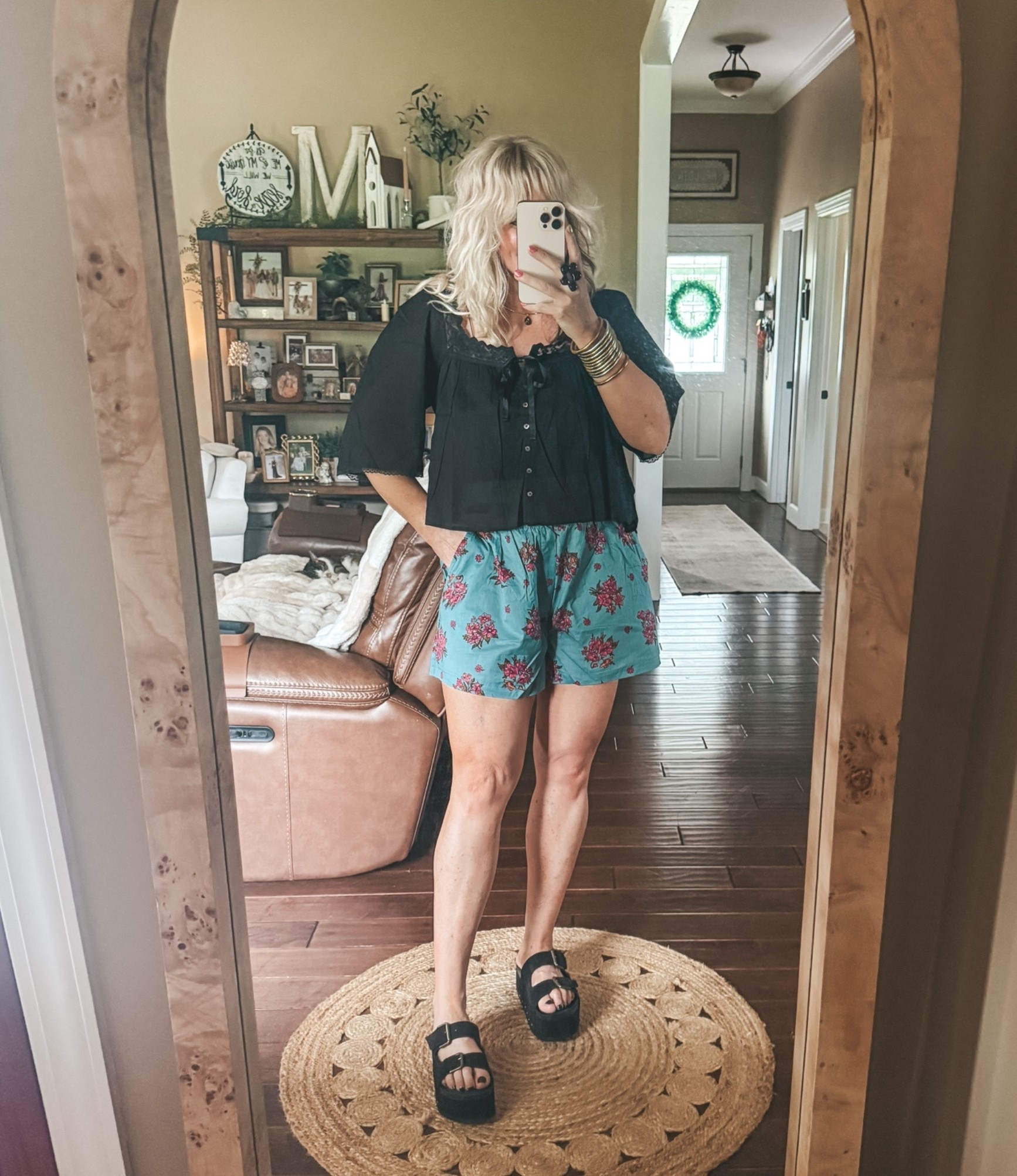 Cutest black top and love these floral boxers. 
Medium in top and large in shorts. I didn’t need to size up in shorts, they were too big. I folded them under one time. 
@Natural Life #naturallife #summeroutfit #vacationoutfit