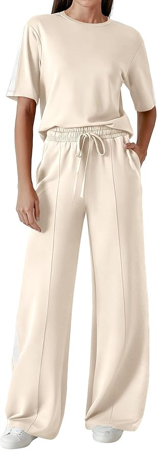 PRETTYGARDEN Women's 2 Piece Sets Summer Casual Short Sleeve Tops Wide Leg Pants Matching Lounge ... | Amazon (US)