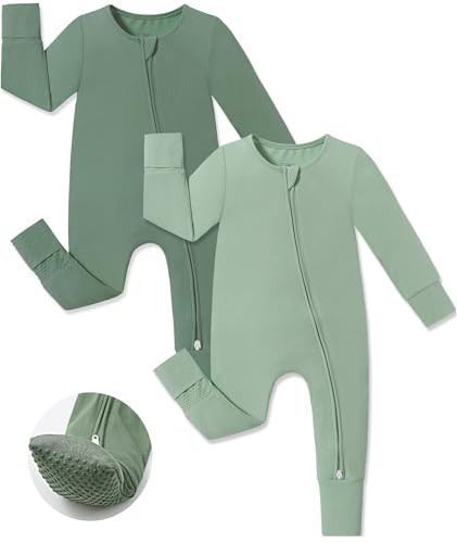 JunNeng Viscose from Bamboo Sleeper with Mittens, 2 Way Zipper Baby Boy Pajamas, Non Slip Sleep'N Play Romper Dark Green+Light Green 3-6 Months | Amazon (US)