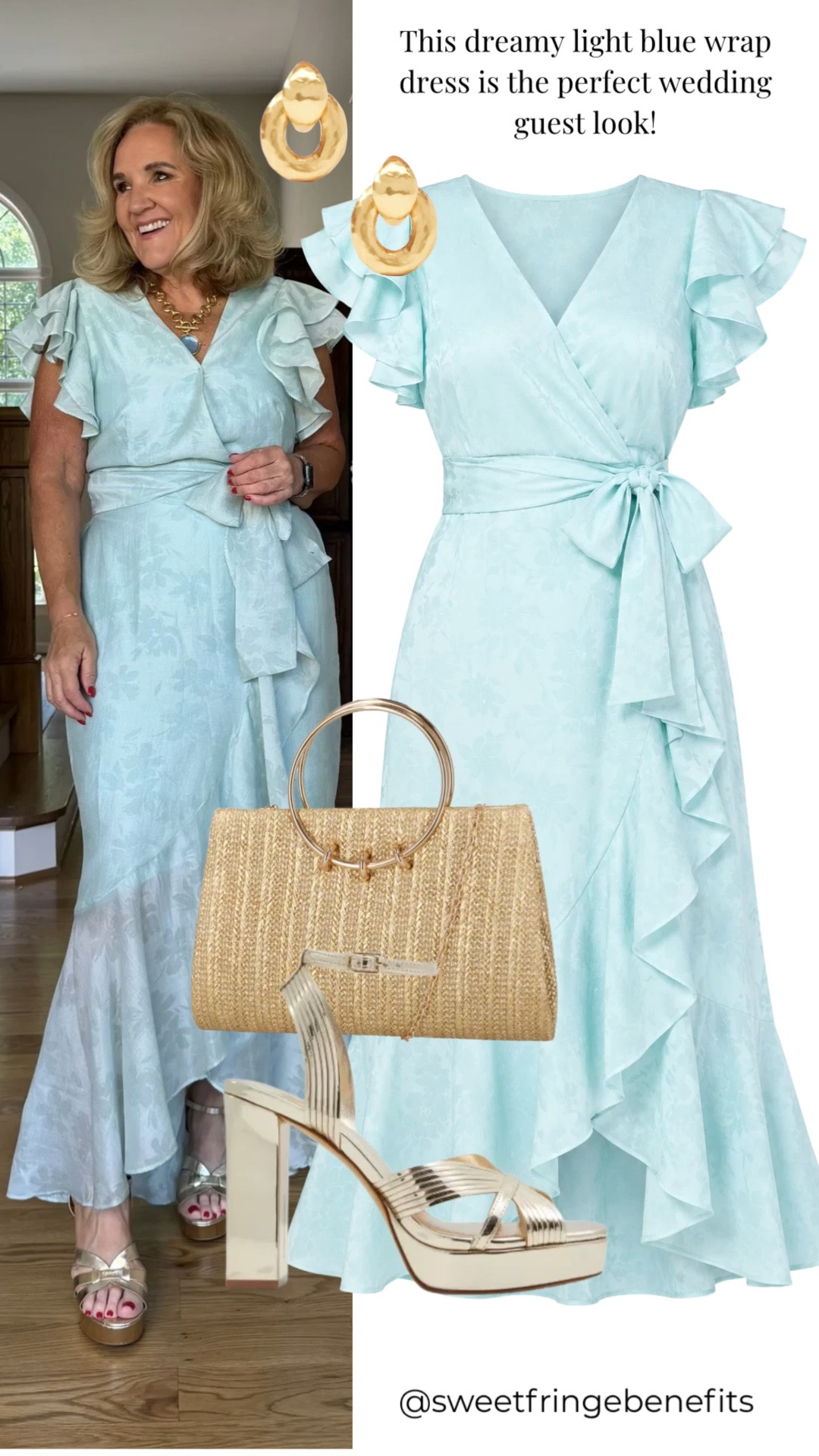 This soft blue wrap dress is such a gorgeous choice for wedding season! 💙 The feminine ruffle sleeves, flattering tie waist, and elegant silhouette make it perfect for weddings, bridal showers, and summer celebrations. Paired with gold heels and a woven clutch, it’s an effortlessly polished look you’ll wear again and again.

💡 LTK MADE EASY

❤️ Heart = Support my posts
🔖 Save = Get sale & restock alerts
📋 Lists = Keep favorites organized
📲 Share = Send to yourself for later
💬 Comment = Ask me anything

#LTKootd #LTKSeasonal #LTKOver40