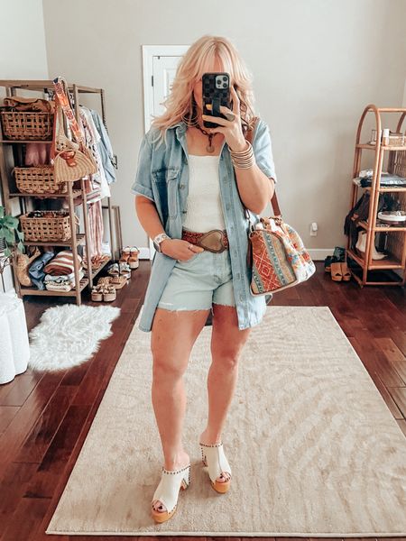 Target denim dress! This one is so fun and versatile I love it as a dress but also opened with a tank and shorts! 
•Dress M
•Shorts 8
•Tank M
•Sandals TTS 
•BELT One size 
✨WATCHBAND save with code MANDIE
✨Necklace & Earrings save with code MANDIE15 
✨My bag is @threebirdnest save with code MANDIE (can’t link it here) 


#LTKOver40 #LTKStyleTip #LTKFindsUnder50