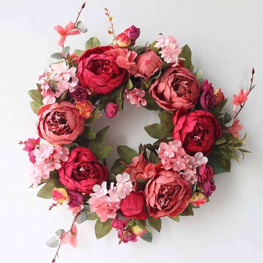 Artificial Flower Wreath for Front Door Burgundy Peony Faux Floral Wreath Spring Summer Garland f... | Amazon (US)