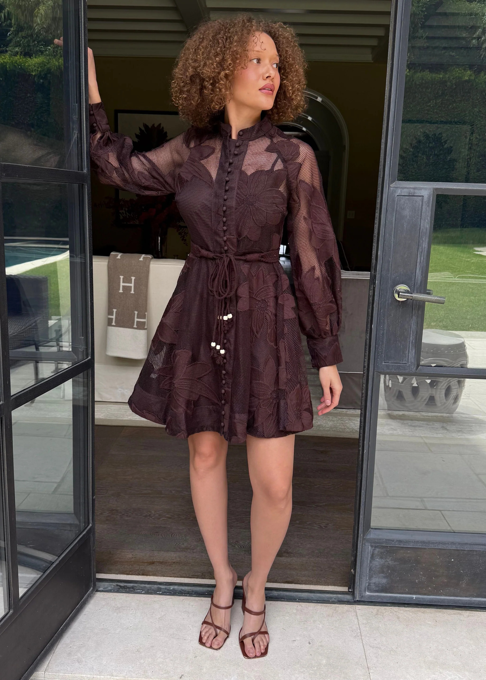 Bellamy Brown Floral Lace Tie Waist Long Sleeve Mini Dress | Benaar La