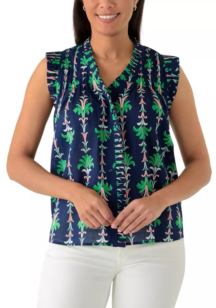 Women's Sleeveless Print Ruffle Neck Top | Belk