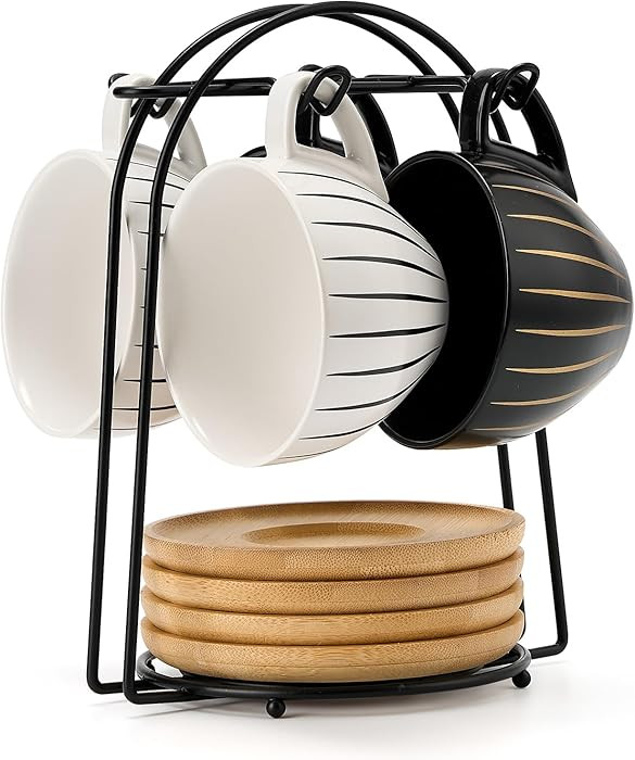 LUKA Ceramic Demitasse Espresso Cups Set with Saucers and Metal Stand, 8 oz Porcelain Cappuccino ... | Amazon (US)