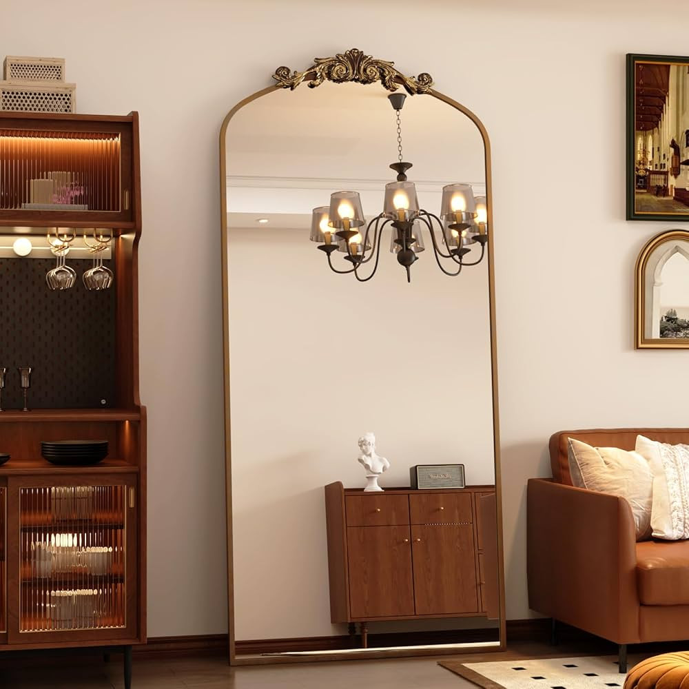 SMIROR Gold Arched Full Length Mirror 68x30, Baroque Inspired Vintage Body Mirror for Wall, Ornat... | Amazon (US)