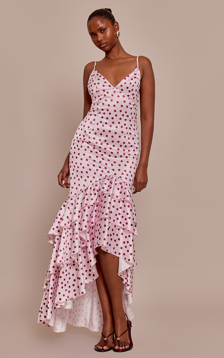 Pink Polka Dot Satin Plunge Extreme Frill Hem Maxi Dress | PrettyLittleThing US