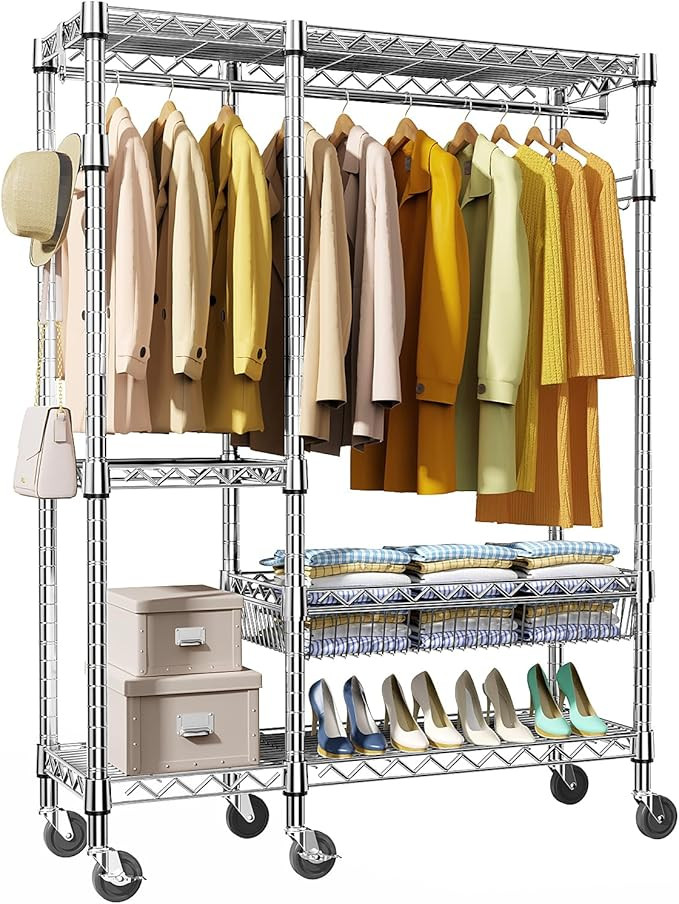 MZG Heavy Duty Rolling Garment Rack 4 Tiers Adjustable Wire Shelving Clothes Rack with Rods and S... | Amazon (US)