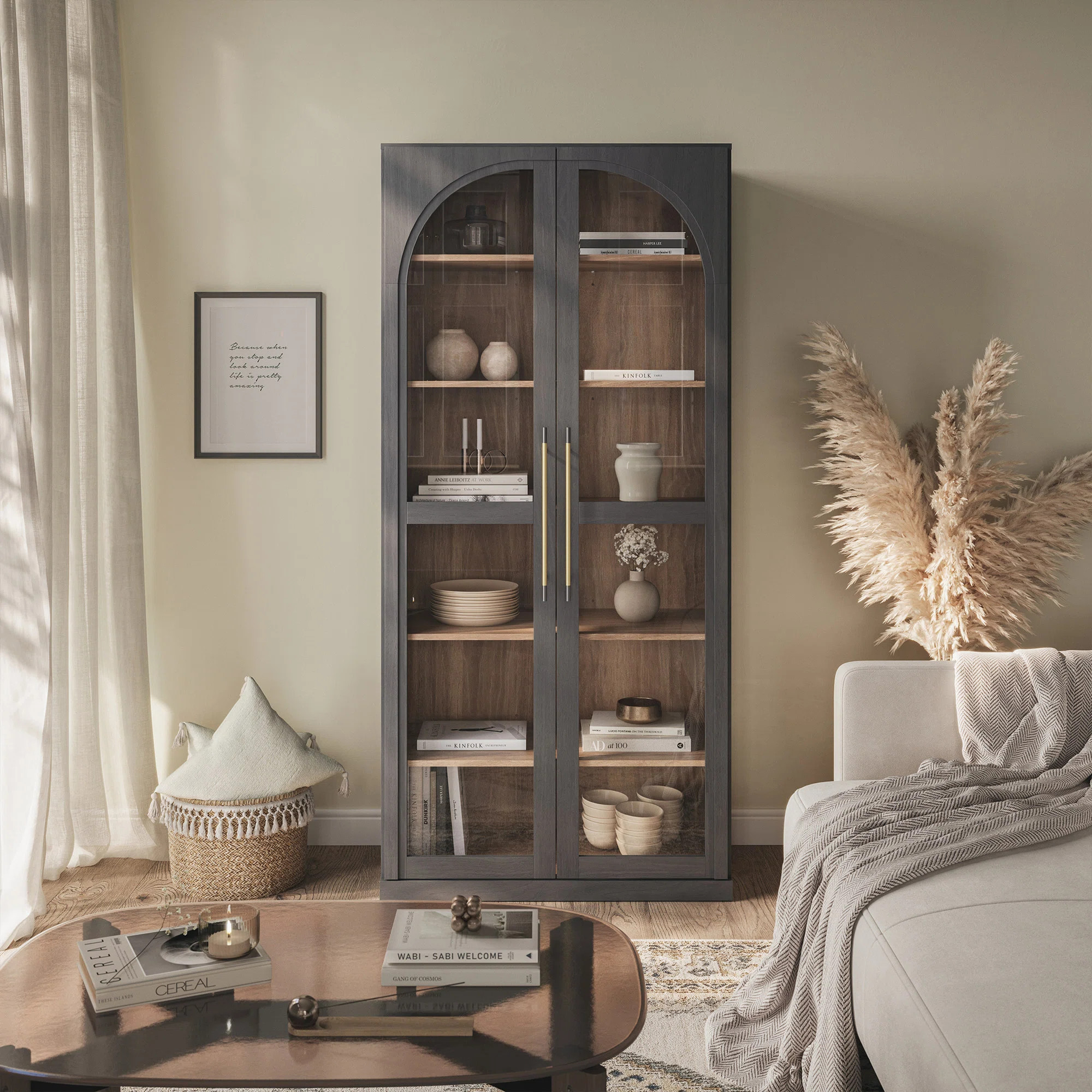 67" Storage Cabinet, 6 Shelf Glass Bookshelf, Ebony | Wayfair North America