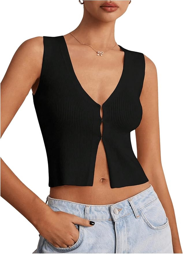 SHENHE Women's Sleeveless Knitted V Neck Sweater Tank Split Hem Cropped Vest Cardigan | Amazon (US)