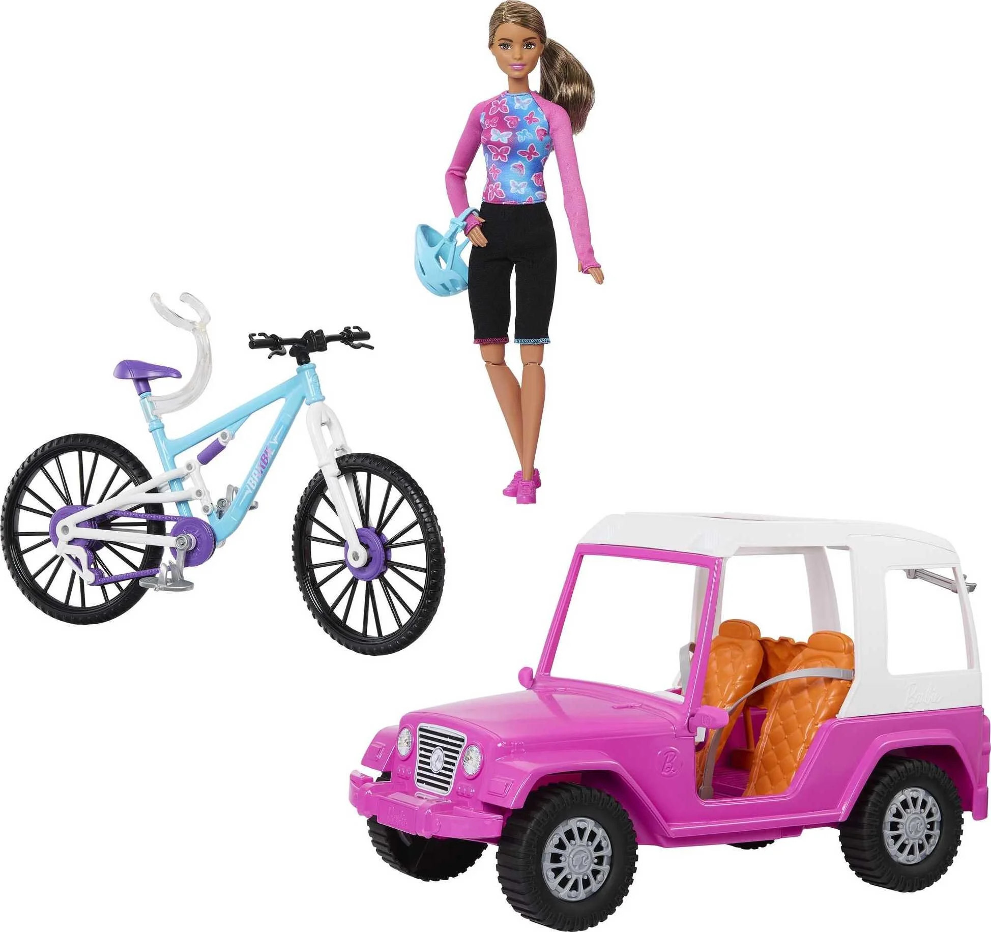 Barbie Doll, Mountain Bike, Barbie Car Bundle with Pink Jeep, Bike Rack and Helmet | Walmart (US)