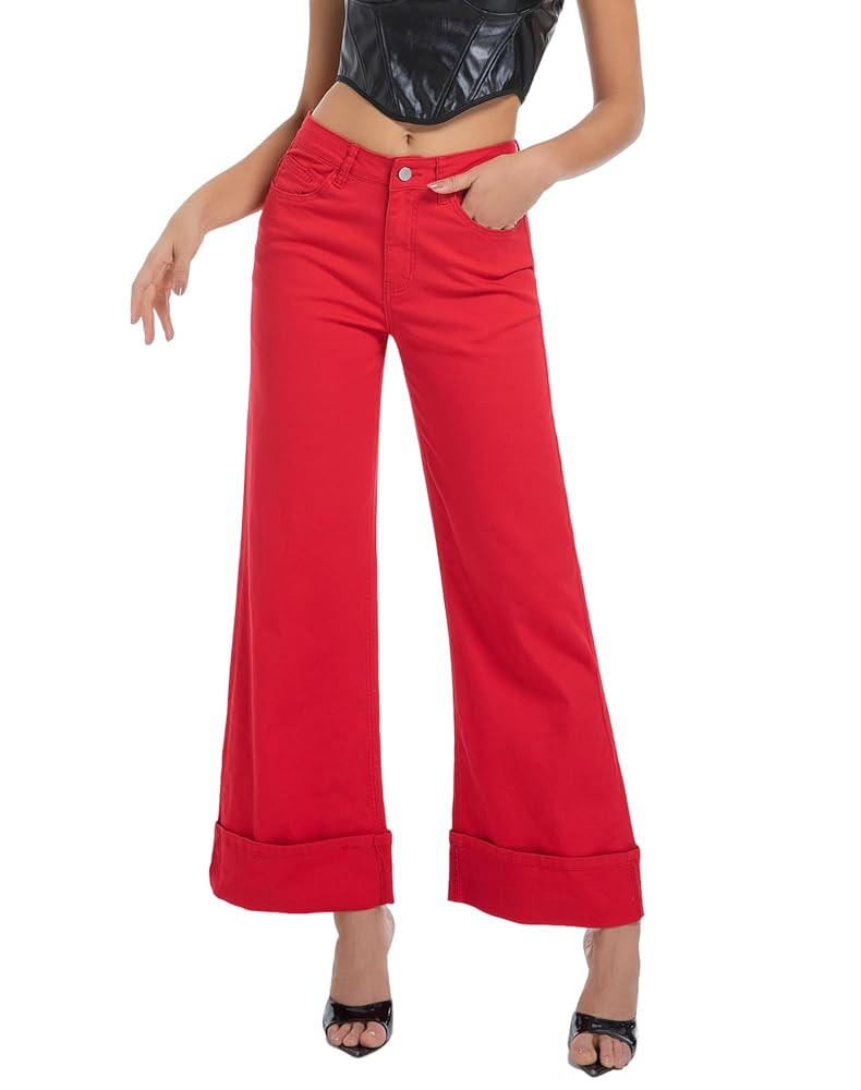 Women's Wide Leg Cuffed Jeans High Waisted Stretchy Casual Comfort Fit Denim Pants | Amazon (US)