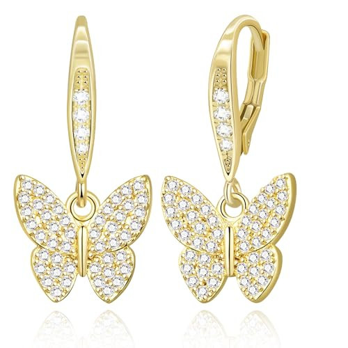 FSLEAD Gold Butterfly Earrings for Women CZ Leverback Trendy Butterfly Drop Hypoallergenic Everyday Yellow Gold Dangle Earrings Lightweight Dainty Cubic Zirconia Drop | Amazon (US)