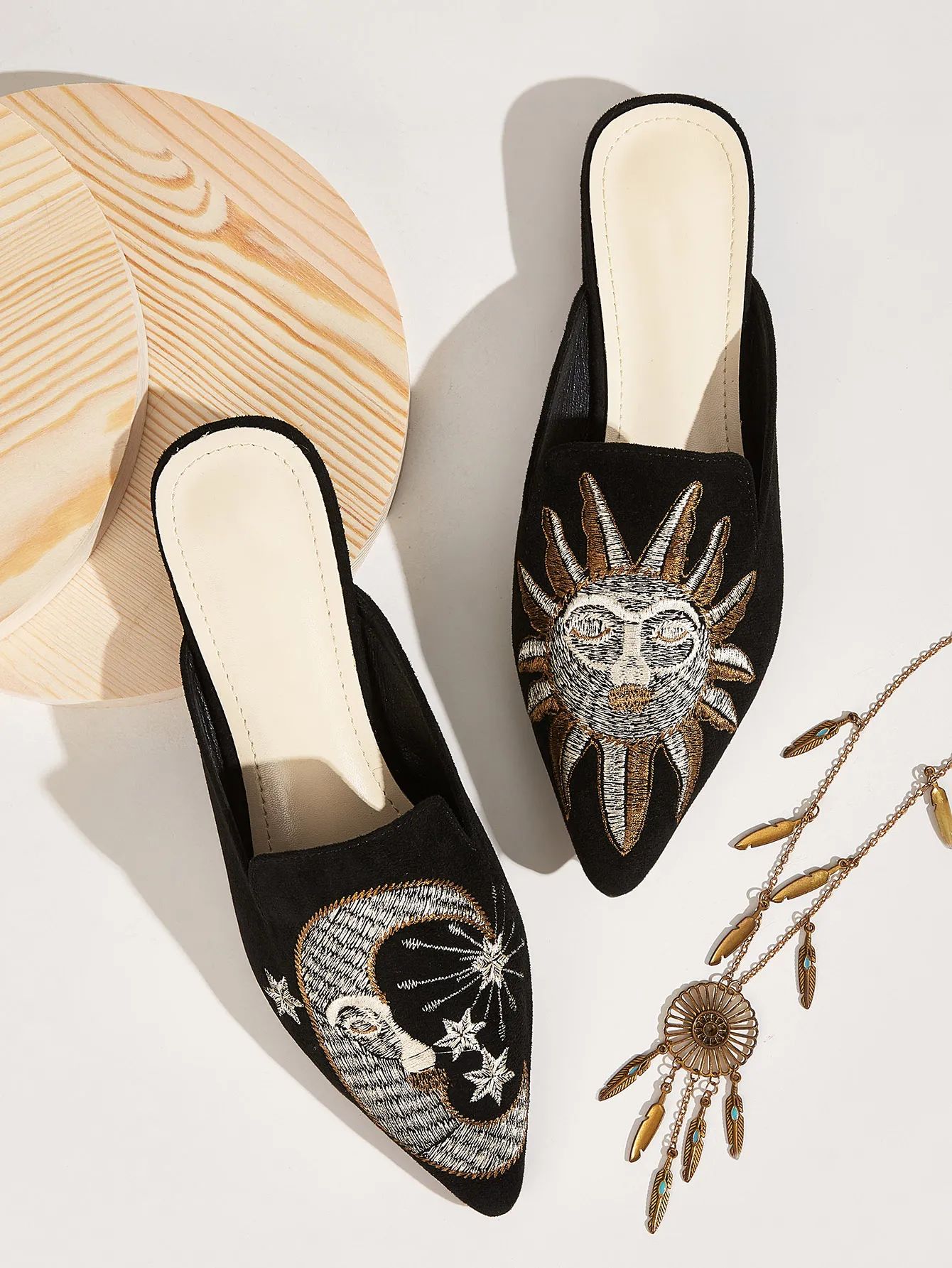 Point Toe Embroidered Flat Mules | ROMWE
