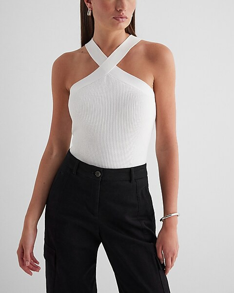 Ribbed Criss Cross Halter Sweater Tank | Express
