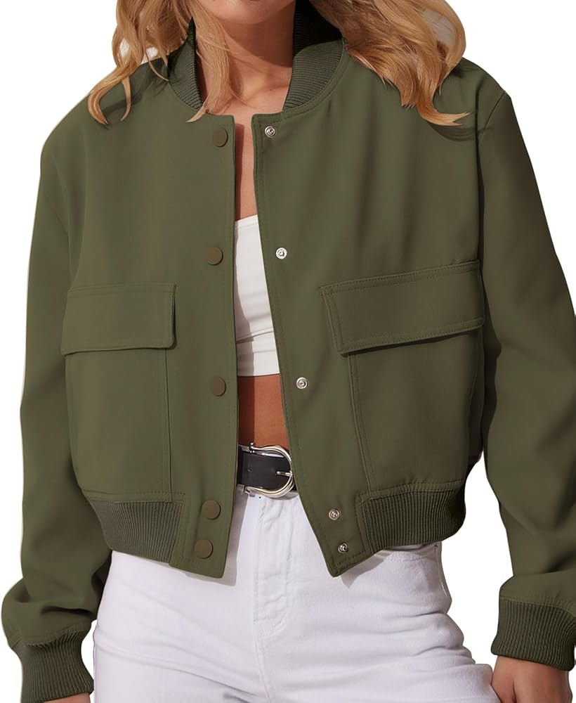 Modegal Women's Varsity Bomber Jackets Long Sleeve Cropped Button Down Casual Coat with Pockets O... | Amazon (US)