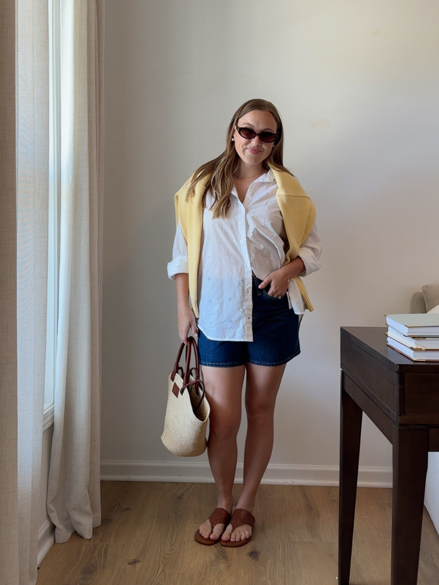 old navy cotton summer outfit! love the butter yellow cotton crewneck from gap just thrown over the shoulder. wearing a small white buttondown & a medium yellow sweater, with size 4 denim shorts. size down one in these!

 

 #LTKgrwm #LTKootd #LTKmomlife