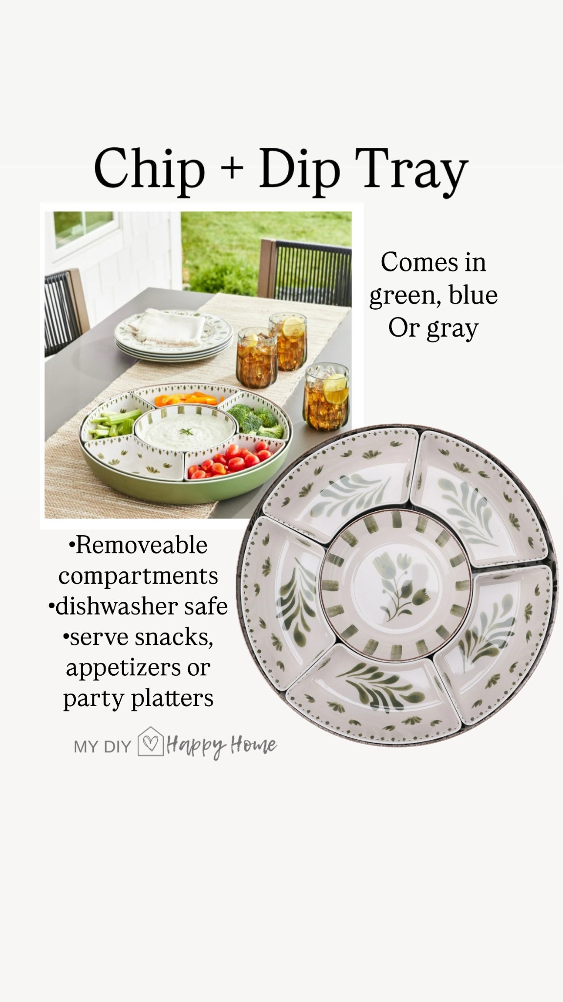 Chip + Dip Tray

Perfect for snacks, parties, movie nights and more! 

Made of bamboo melamine 
Use indoors and out 
Too rack dishwasher safe
Removeable compartments 
Comes in green, blue or gray 

#LTKFindsUnder50 #LTKSeasonal #LTKFamily