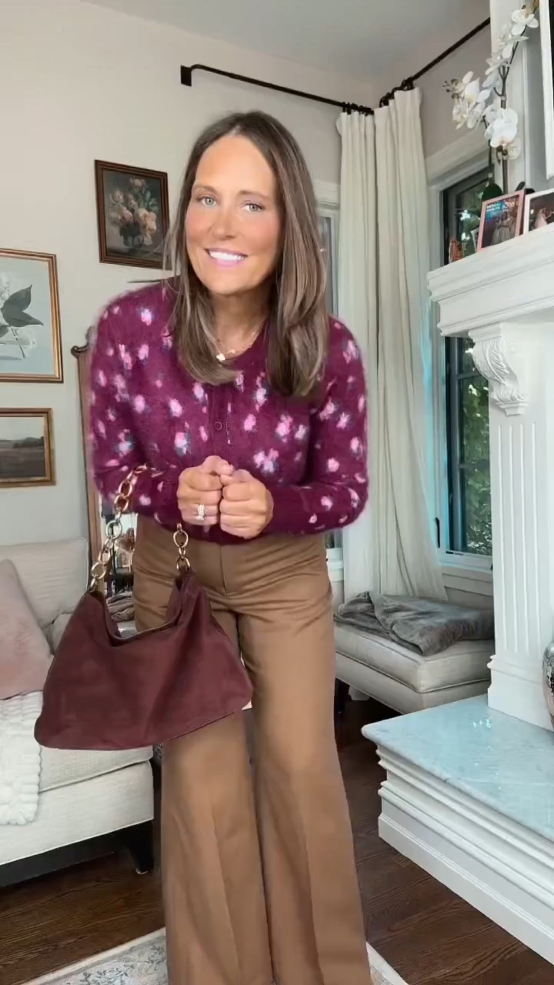 Loving this head-to-toe J.Crew look for fall. The patterned long sleeve cardigan is such a versatile piece you can wear on its own or layer over a simple basic tee. The brown suede bag with the gold chain strap adds the perfect touch to complete the outfit.

#LTKSeasonal #LTKOver40 #LTKMidsize