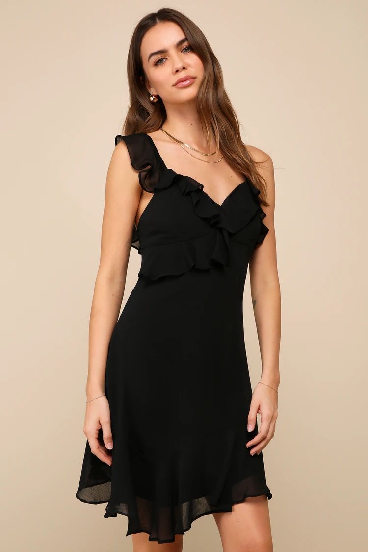 Black Ruffled Asymmetrical Mini Dress | Black Mini Dress | Black Cocktail Dress | Lulus