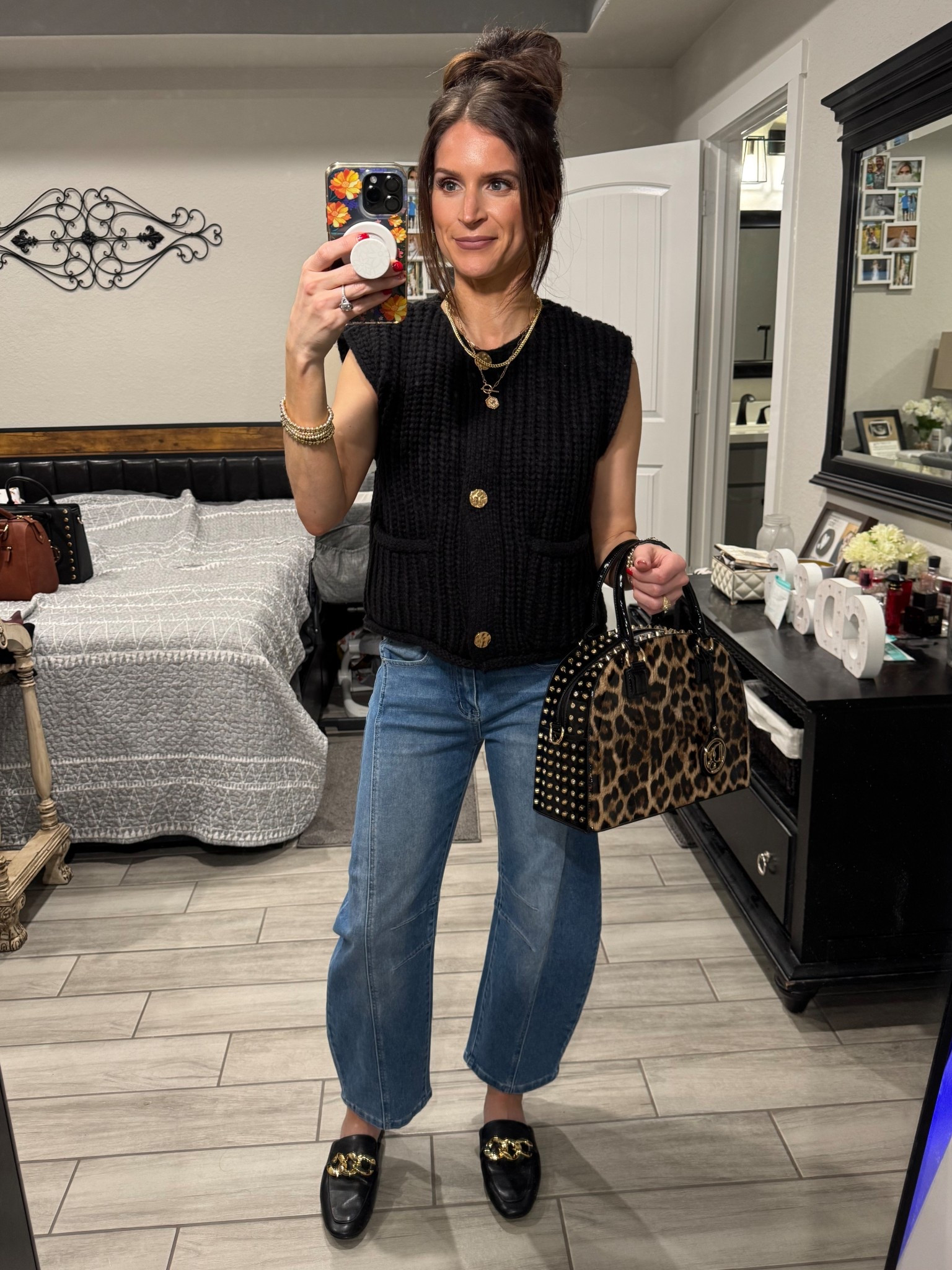 The cutest leopard handbag with amazing quality! Comes in other solid colors as well. Wearing a small top, size 2 barrel jeans & mules run TTS.

#LTKGiftGuide #LTKFindsUnder50 #LTKItBag