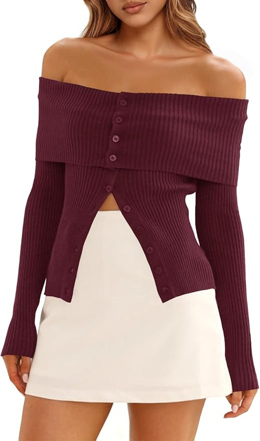 Saodimallsu Womens Off The Shoulder Sweaters Long Sleeve Fitted Ribbed Knit Button Down Trendy Da... | Amazon (US)