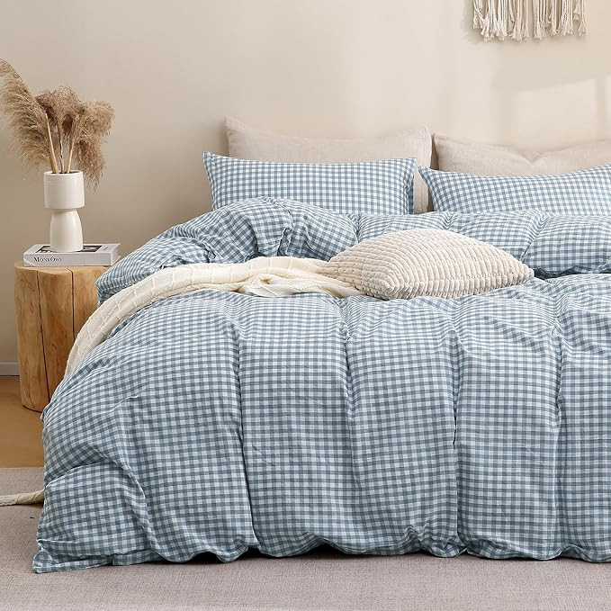 TOCOMOA Blue Gingham Duvet Cover Bedding Set 100% Washed Cotton Like Linen Feel Super Soft Comfor... | Amazon (US)