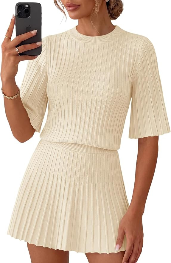 Saodimallsu Womens Sweater Sets 2 Piece Outfits Summer Half Sleeve Ribbed Knit Top and Pleated Sk... | Amazon (US)
