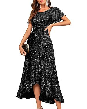 BeryLove Women Sequin Formal Party Dress Flutter Short Sleeve Wedding Cocktail Long Evening Dress | Amazon (US)