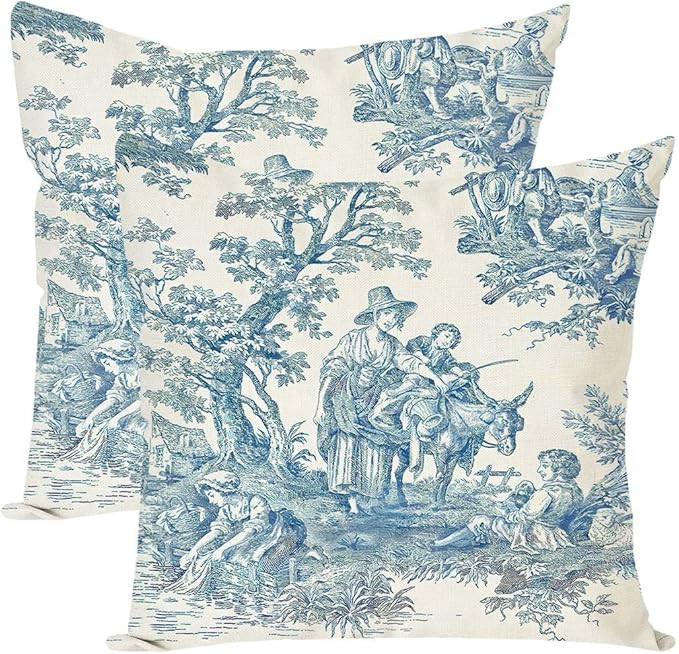 French Country Blue Toile Throw Pillow Covers 18x18 Inch Grandmillenial Antique Vintage Cottageco... | Amazon (US)