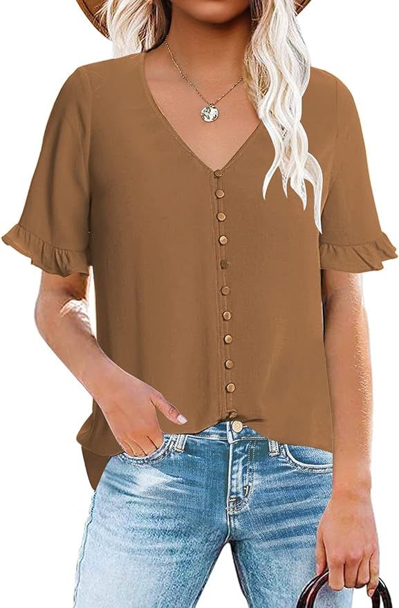 luvamia Women's Casual V Neck Tops Ruffle Short Sleeve Blouses Button Down Shirts | Amazon (US)
