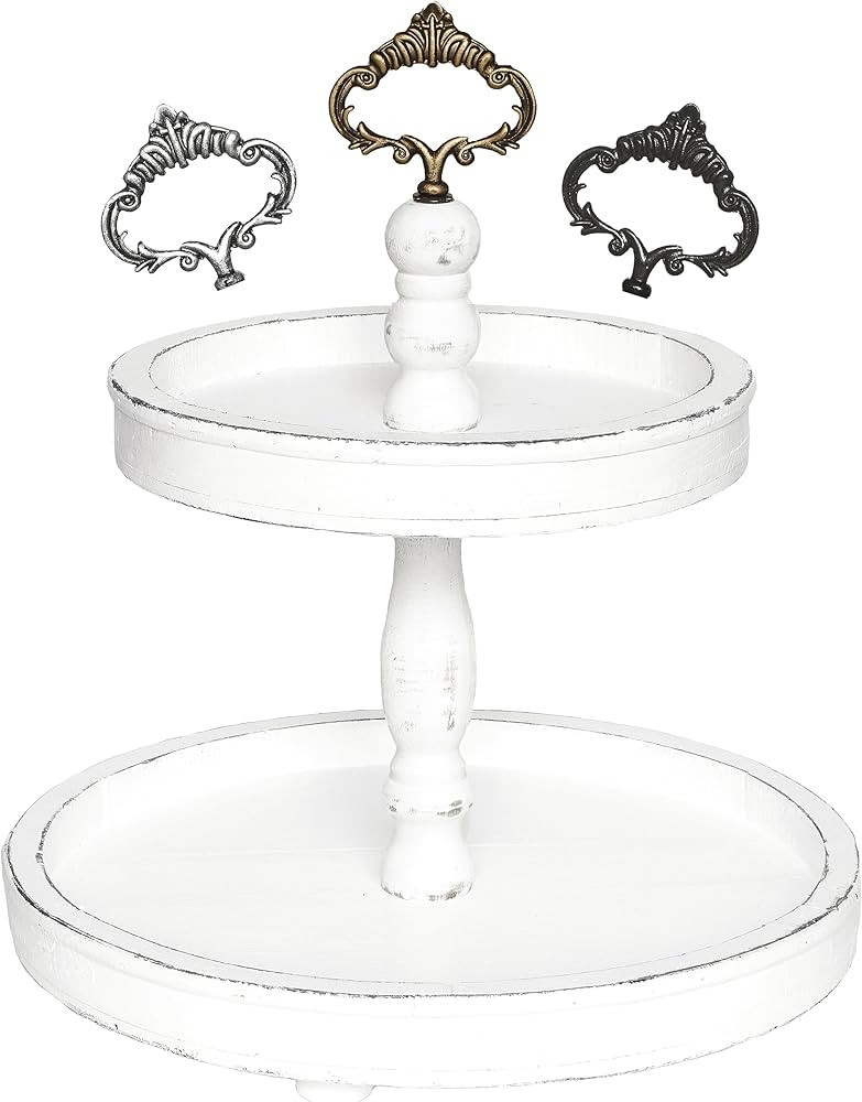 Two Tiered Tray Stand - [Large 15"] White Decorative Tray [with Changeable Handles] - Rustic 2 Ti... | Amazon (CA)