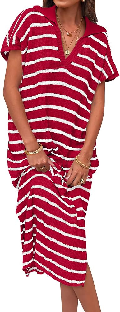 ZESICA Women's Summer Striped Maxi Dress 2024 Casual Short Sleeve V Neck Loose Knitted Side Slit ... | Amazon (US)