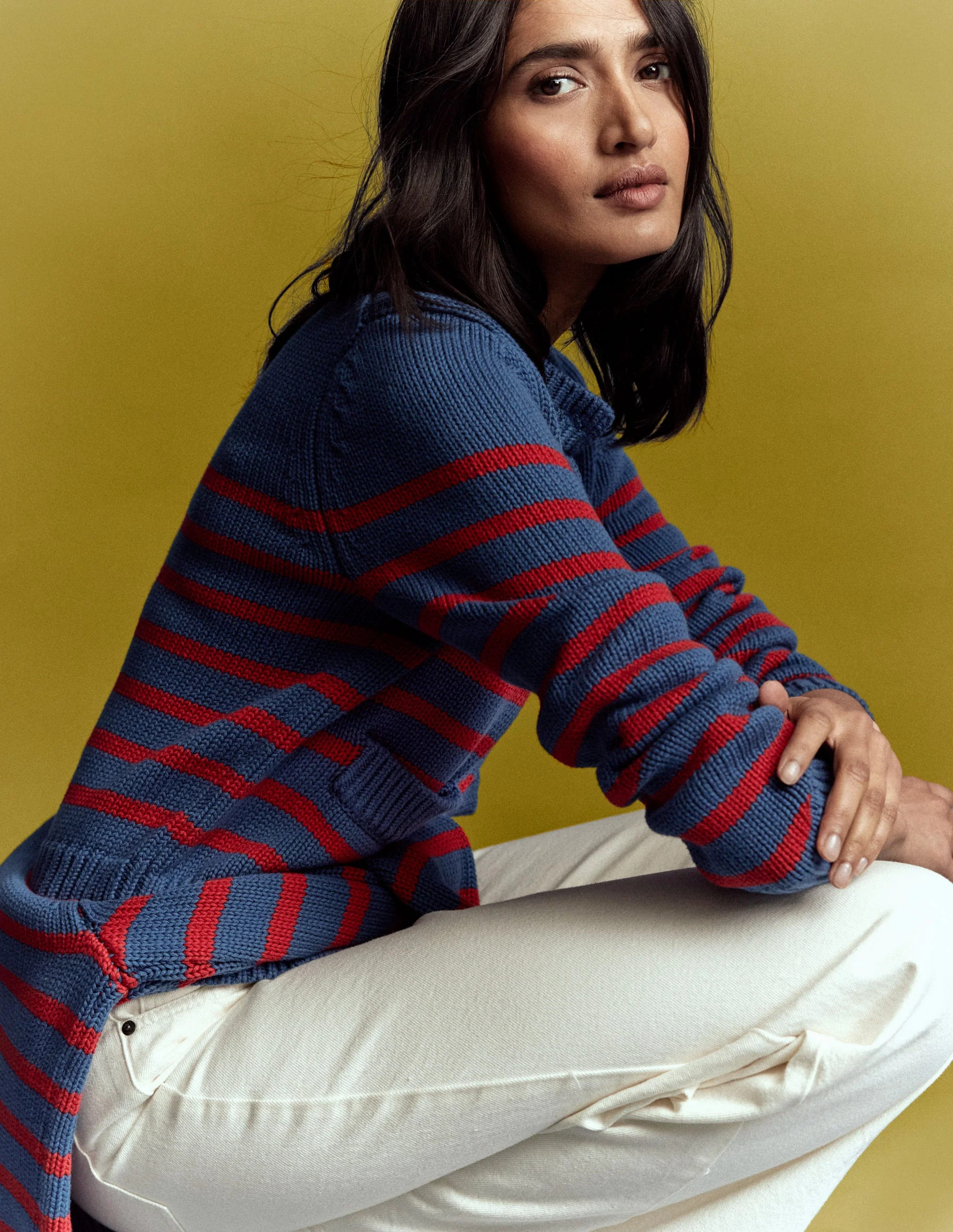 Lucy Chunky Cotton Cardigan-Soft Navy and Red Stripe | Boden (US)