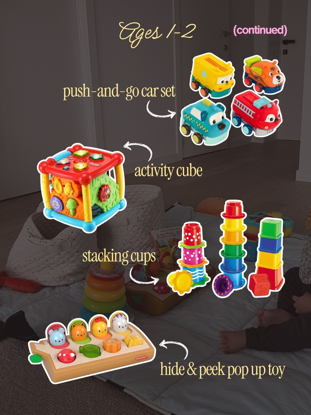 Ages 1–2 (continued) push-and-go car set · activity cube · stacking cups · hide & peek pop up toy

#LTKmomlife #LTKKids #LTKBaby