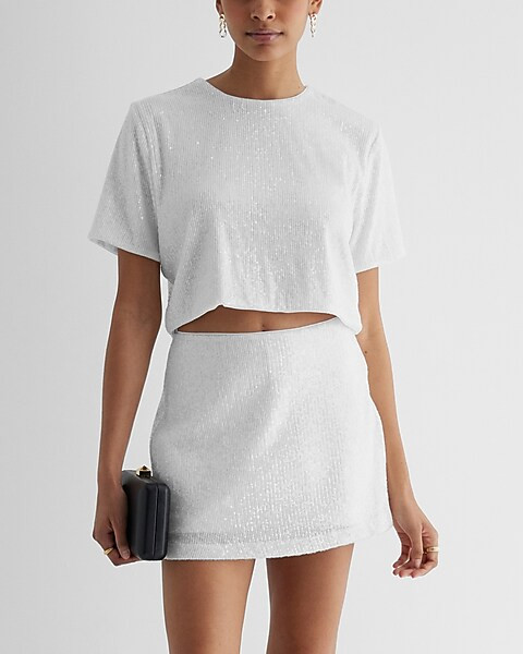 Skimming Sequin Crew Neck Boxy Cropped Tee | Express