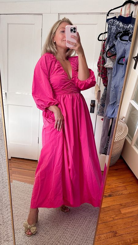 Puff sleeve pink dress on sale for under $100 fits TTS wearing a small 

#LTKwedding #LTKSeasonal