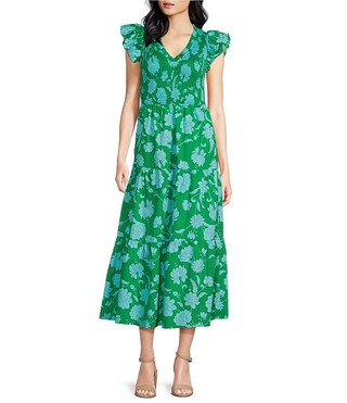 Sugarlips Floral Sunfire Print Smocked V-Neck Sleeveless Tiered A-Line Midi Dress | Dillard's | Dillard's
