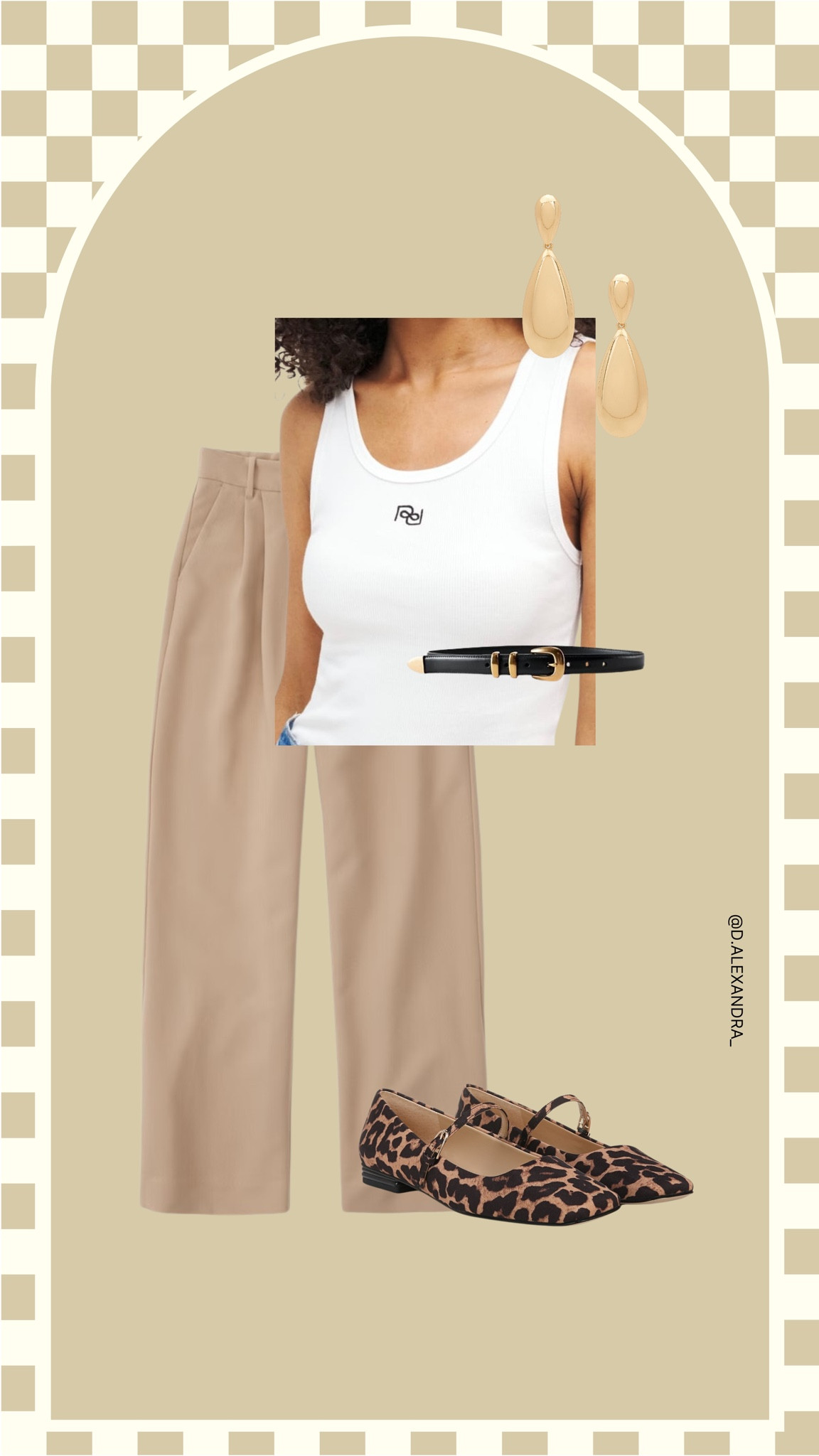 Beige trouser paired with Reformation logo tank, black and gold belt and leopard flats. 

#LTKworkwear #LTKshoecrush