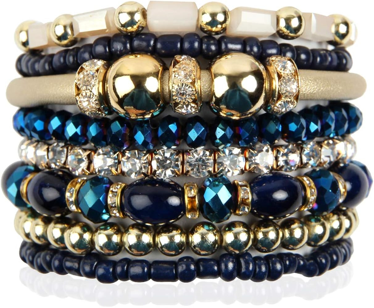 RIAH FASHION Bohemian Bead Multi Layer Versatile Statement Bracelets - Metallic Bar, Sparkly Crys... | Amazon (US)