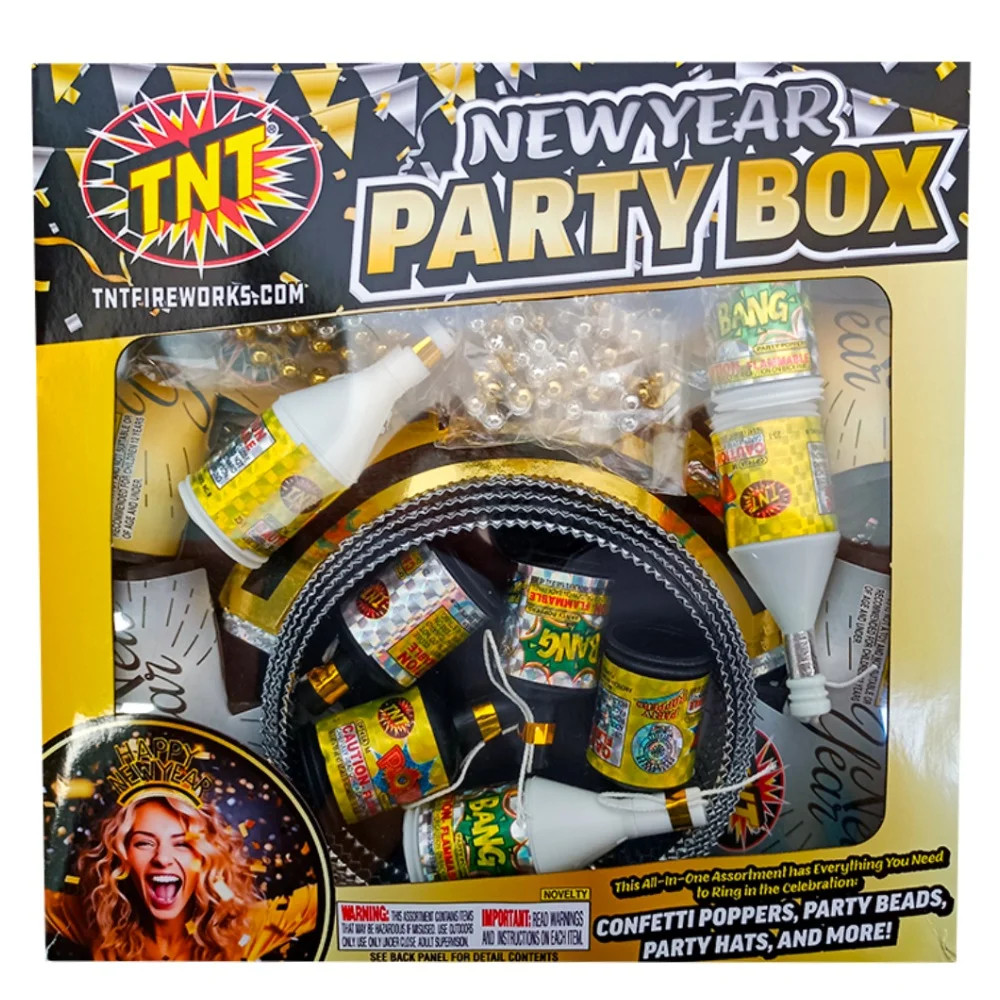 New Year's Party Box, TNT Fireworks, Paper Poppers, Noise Makers and Hats, Gold and Silver Novelt... | Walmart (US)