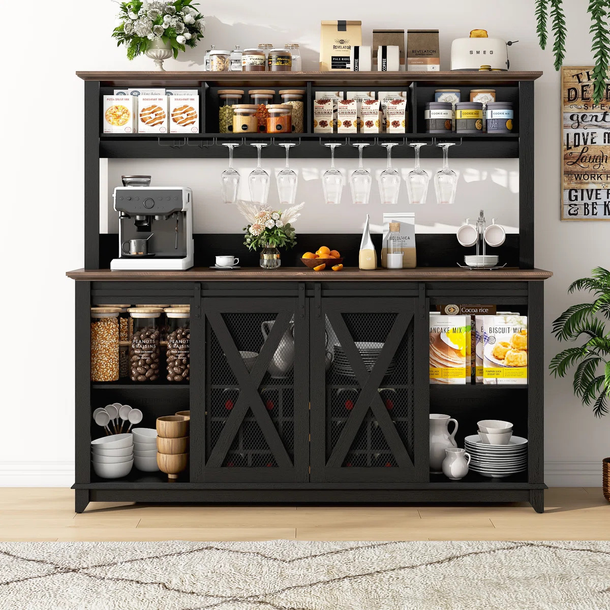 63"W Farmhouse Coffee Bar Cabinet With Wine Rack And Storage, Wine Bar Cabinet With Power Outlet ... | Wayfair North America