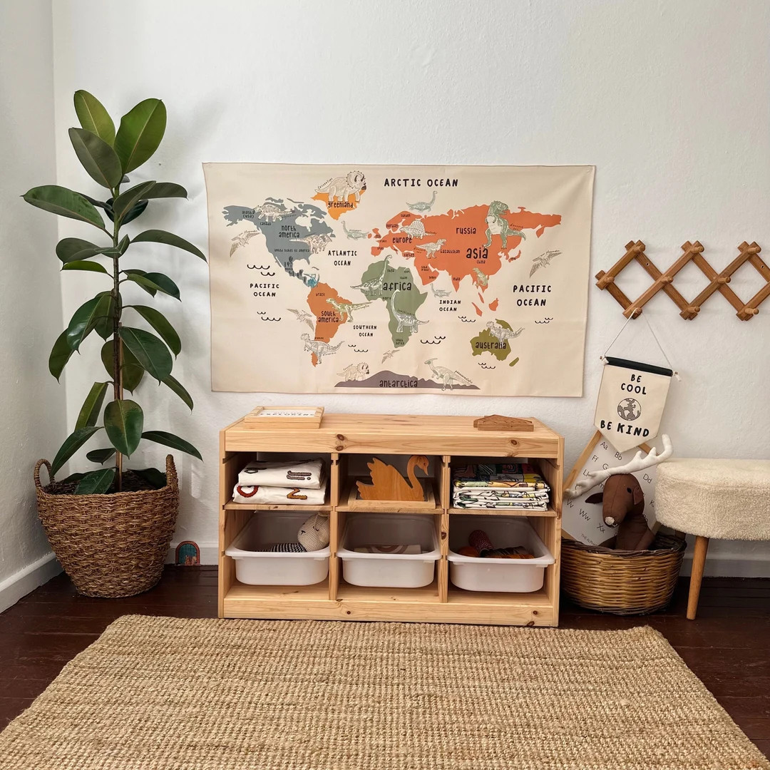 Colorful Dinosaur World Map Tapestry / Organic Cotton Fabric Tapestry / Kid's Room Tapestry / Din... | Etsy (US)