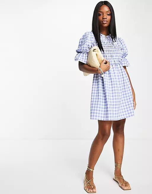 River Island checked shirred mini dress in blue | ASOS (Global)
