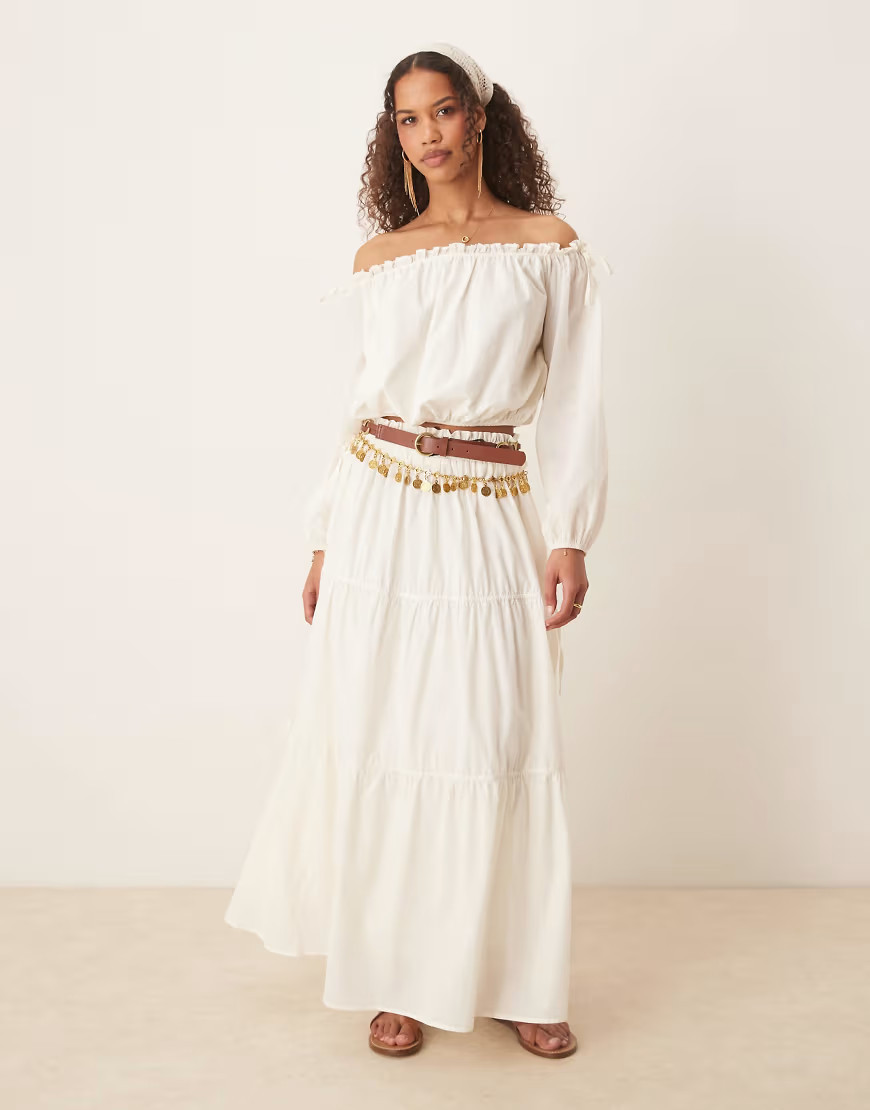 ASOS DESIGN boho tie side tiered maxi skirt in ecru-White | ASOS (Global)