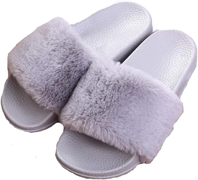 Women's Soft Faux Fur Flat Slide Sandals Comfortable Slipper | Amazon (US)