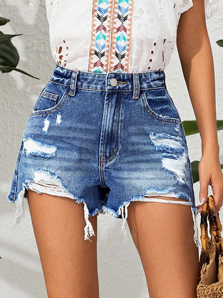 SHEIN VCAY Ladies" Distressed Denim Shorts, Summer | SHEIN