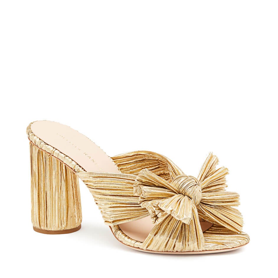 Loeffler Randall High heel knot slide in gold pleated lame | Loeffler Randall