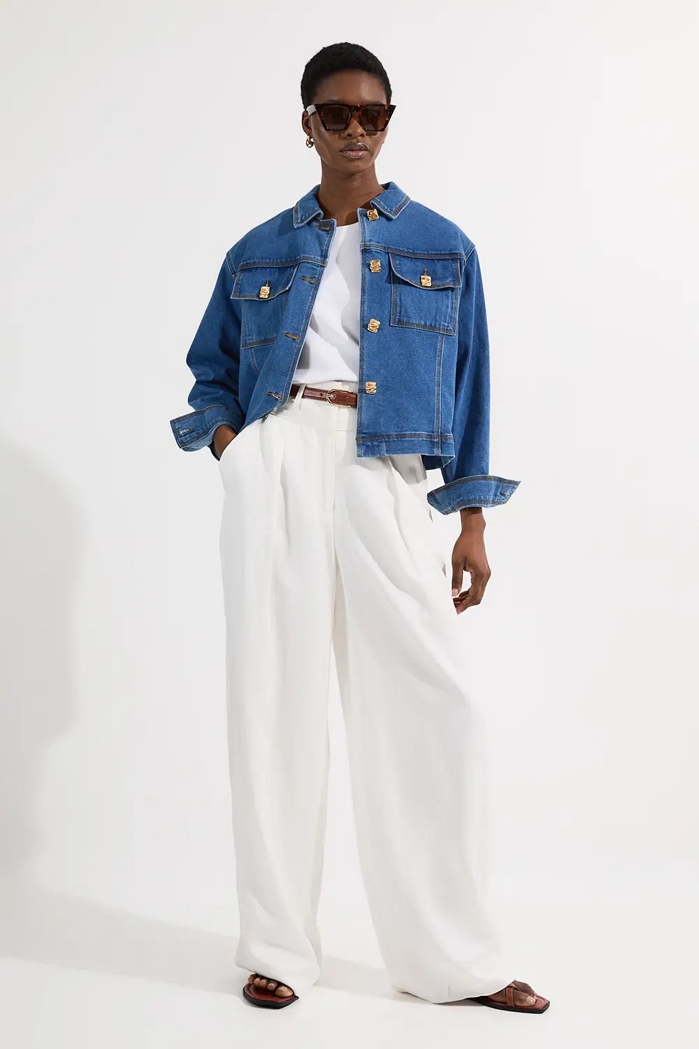 Mid Blue Denim Button Front Tailored Jacket | Karen Millen USA | Karen Millen US