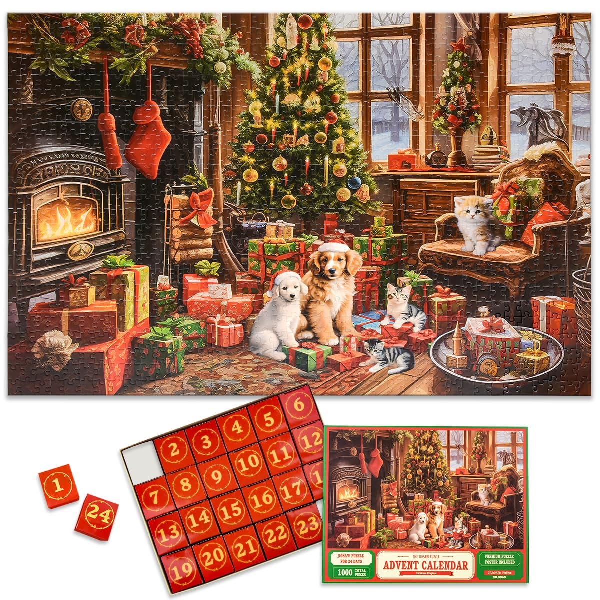 Christmas Fireplace Advent Calendar 2025 Jigsaw with 1:1 Reference Poster - 1000pcs Holiday Puzzl... | Amazon (US)